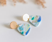 Load image into Gallery viewer, Aqua Trapeze Dangles with Gold Plated Stud Disc
