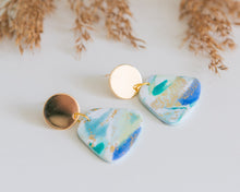 Load image into Gallery viewer, Aqua Trapeze Dangles with Gold Plated Stud Disc
